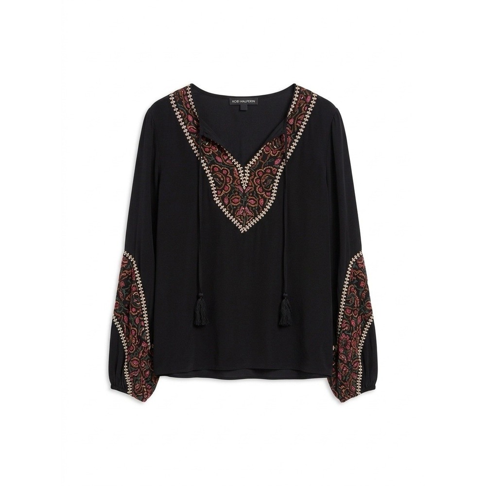 KOBI HALPERIN Women M Black Boho Puff Sleeve Patterned Tassel 100% Silk
